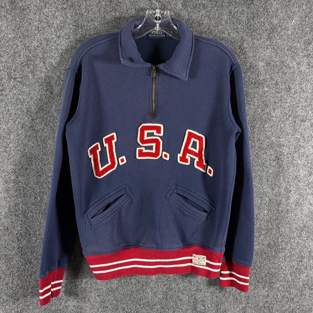 Polo Ralph Lauren USA Sweatshirt Mens S Navy Varsity 1/4 Zip Talon Americana